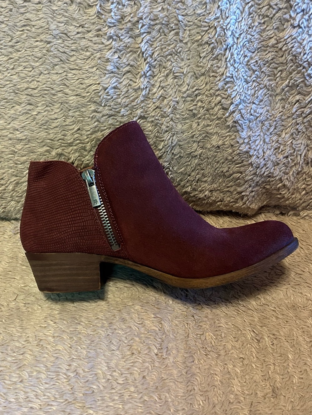 Lucky Brand Burgundy Suede Ankle Bootie with Side Zip